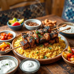 A mouthwatering presentation of Azerbaijani Tandir Kebab, beautifully arranged on a rustic wooden table
