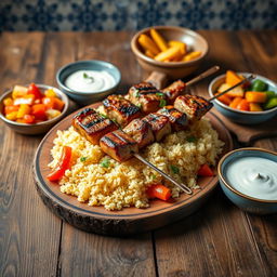 A mouthwatering presentation of Azerbaijani Tandir Kebab, beautifully arranged on a rustic wooden table