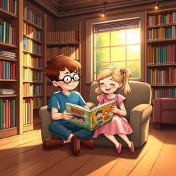 A heartwarming scene of a boy and a girl sitting together inside a cozy library, absorbed in reading a colorful, fun book