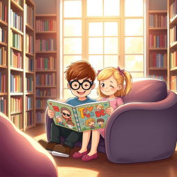 A heartwarming scene of a boy and a girl sitting together inside a cozy library, absorbed in reading a colorful, fun book