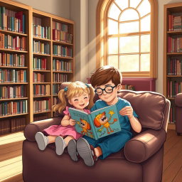 A heartwarming scene of a boy and a girl sitting together inside a cozy library, absorbed in reading a colorful, fun book