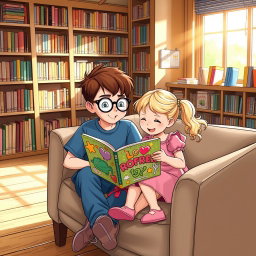 A heartwarming scene of a boy and a girl sitting together inside a cozy library, absorbed in reading a colorful, fun book