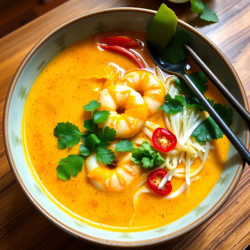 A vibrant and colorful bowl of Singapore Laksa, featuring a rich, creamy coconut curry broth