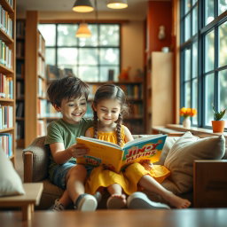 A charming scene of a 10-year-old boy and a 12-year-old girl sitting together inside a cozy library, fully engaged in reading a bright, fun book
