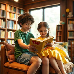A charming scene of a 10-year-old boy and a 12-year-old girl sitting together inside a cozy library, fully engaged in reading a bright, fun book