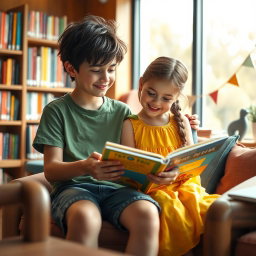 A charming scene of a 10-year-old boy and a 12-year-old girl sitting together inside a cozy library, fully engaged in reading a bright, fun book
