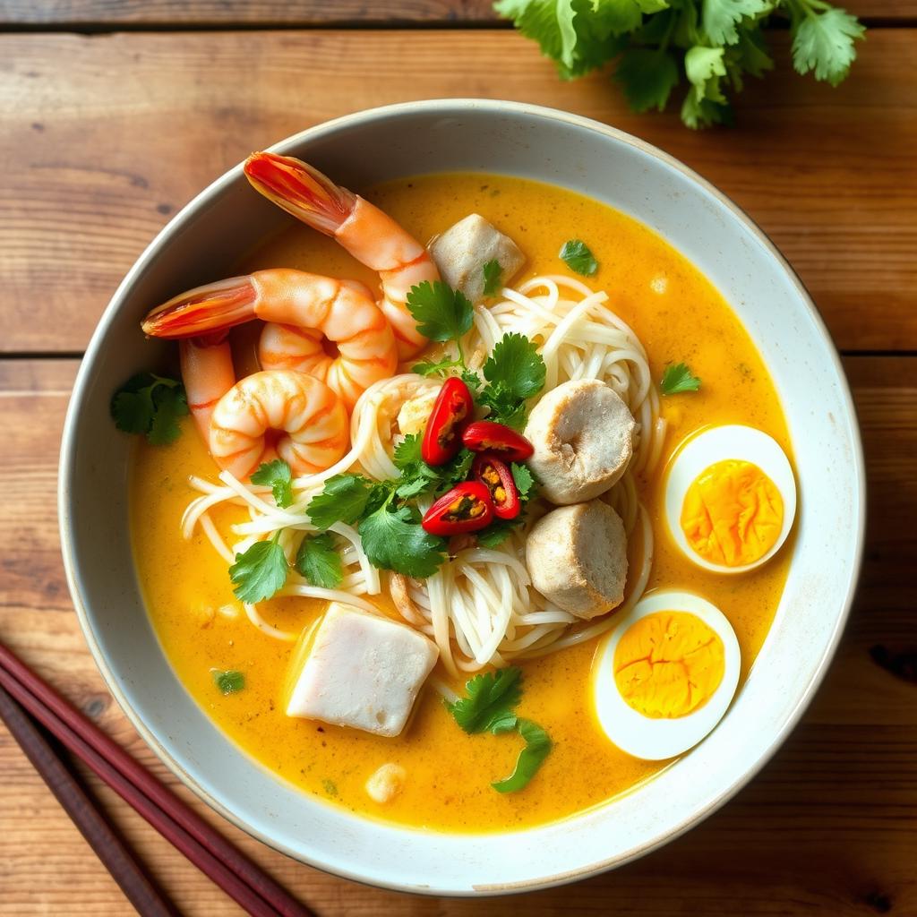 A beautifully plated bowl of Singapore Laksa, featuring thick rice noodles submerged in a rich, creamy coconut curry broth