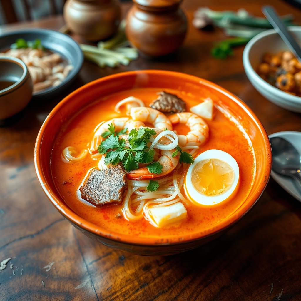 A delicious bowl of Singapore Laksa, a traditional spicy noodle soup