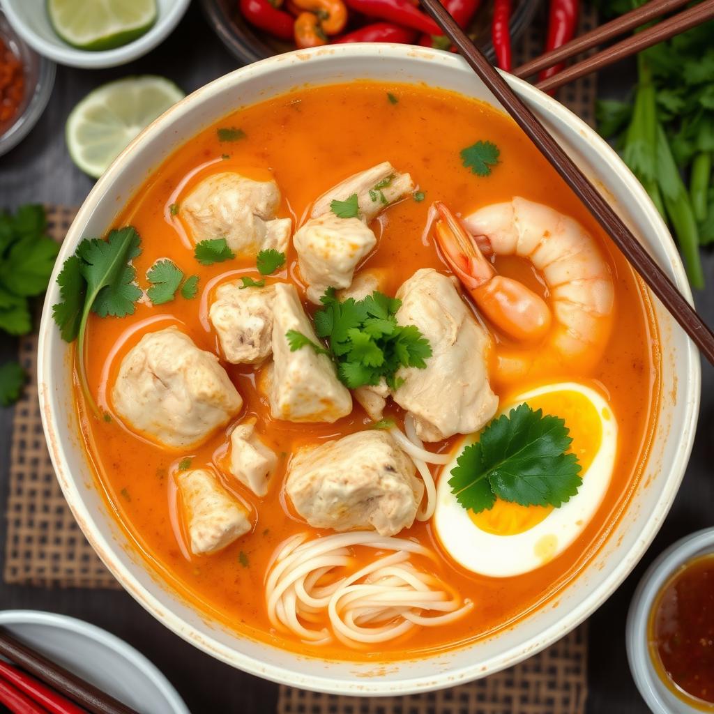 A delicious bowl of Singapore Laksa featuring tender chicken pieces swimming in a rich, spicy coconut curry broth