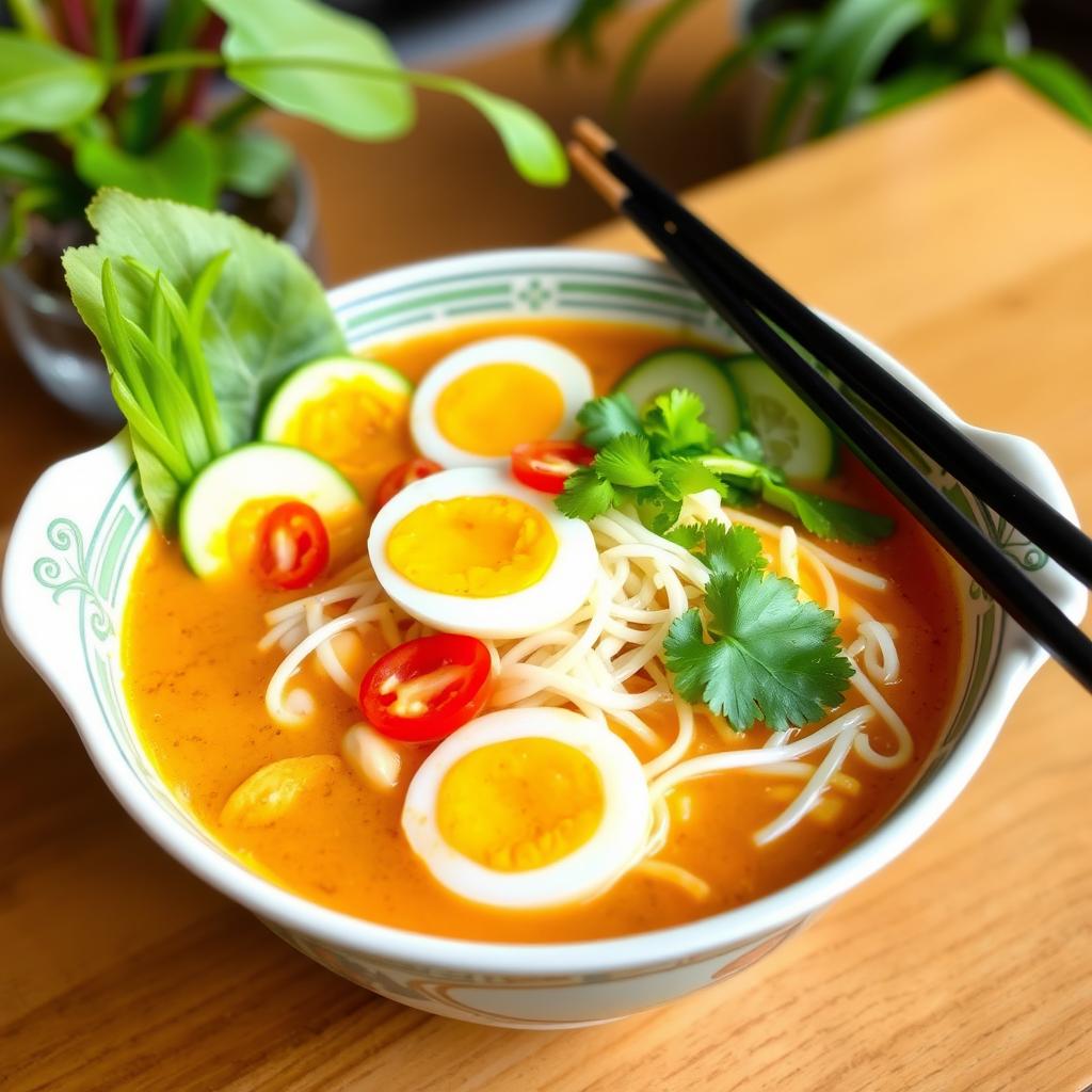 A vibrant bowl of Singapore Laksa featuring curry coconut soup, thick rice vermicelli noodles, sliced boiled egg, bean sprouts, cucumber slices, and fresh cilantro on top