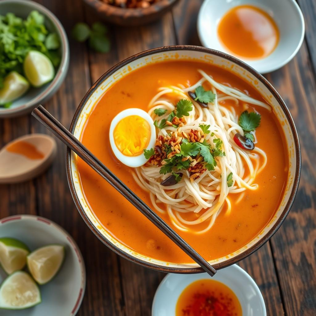A vibrant bowl of Singapore Laksa, featuring thick rice noodles in a rich, spicy coconut curry broth