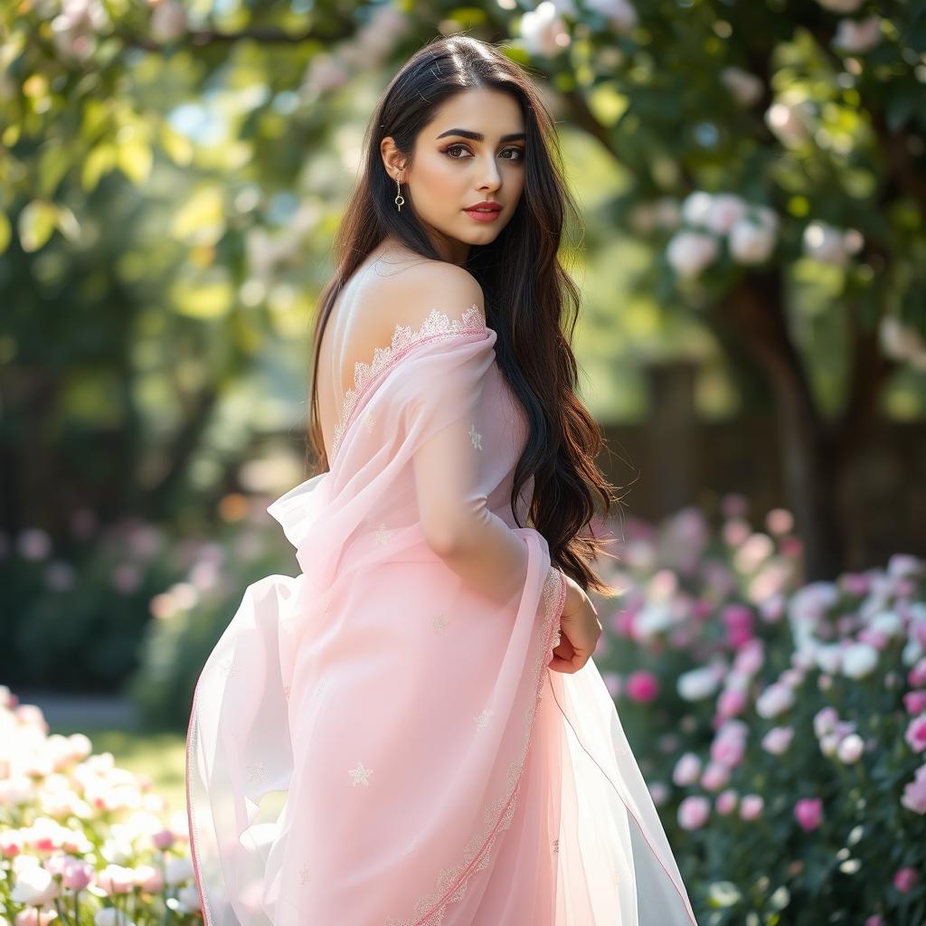 A young Russian woman wearing a flowing, transparent chiffon saree styled in a low drape that elegantly flows around her