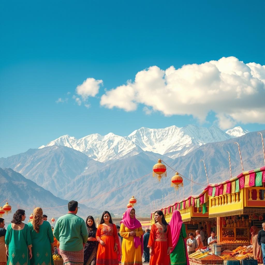 A vibrant cultural representation of Pakistan, showcasing traditional attire, stunning landscapes, and rich cultural heritage