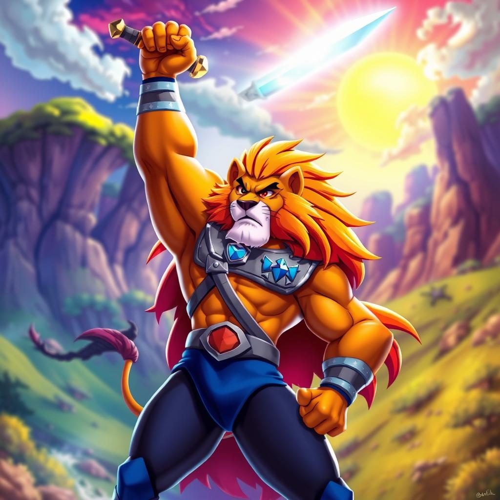 A vibrant digital artwork of Lion-O, the heroic character from Thundercats, standing confidently with his Sword of Omens raised high
