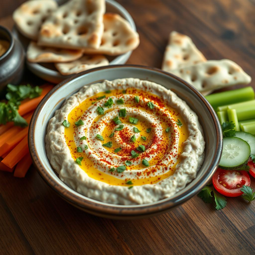 A beautifully arranged dish of eggplant dip (Baba Ganoush), featuring roasted eggplant blended with tahini, garlic, lemon juice, and olive oil