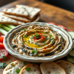 A beautifully arranged dish of eggplant dip (Baba Ganoush), featuring roasted eggplant blended with tahini, garlic, lemon juice, and olive oil