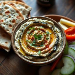 A beautifully arranged dish of eggplant dip (Baba Ganoush), featuring roasted eggplant blended with tahini, garlic, lemon juice, and olive oil