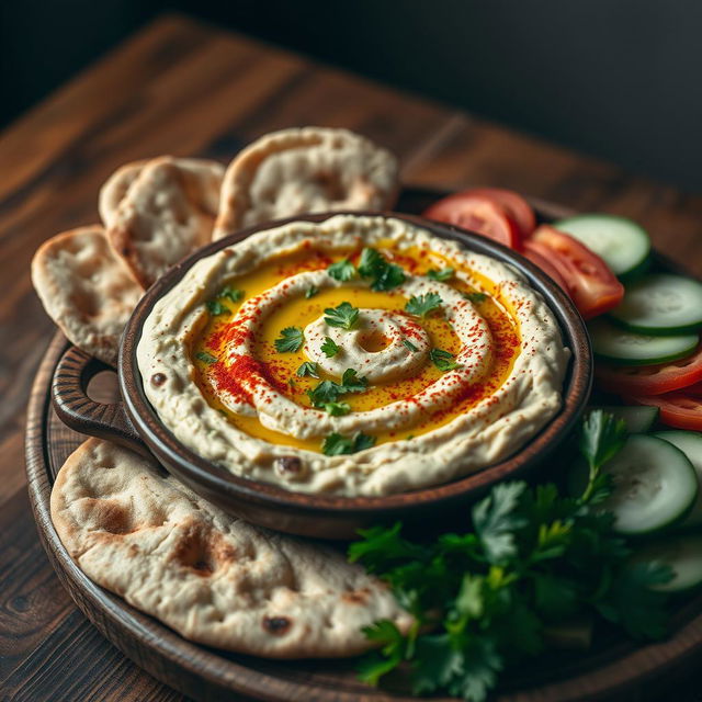 A beautifully arranged dish of eggplant dip (Baba Ganoush), featuring roasted eggplant blended with tahini, garlic, lemon juice, and olive oil