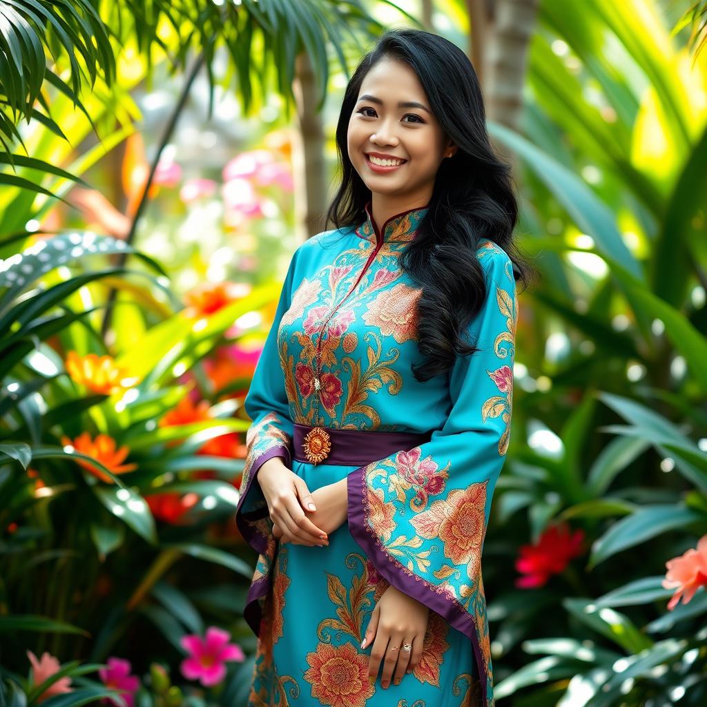 A beautiful woman wearing a traditional Baju Kurung, a vibrant and elegant outfit that consists of a long tunic paired with a matching skirt