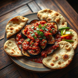 A traditional Iraqi eggplant tabsi, beautifully presented on a rustic wooden table
