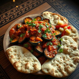 A traditional Iraqi eggplant tabsi, beautifully presented on a rustic wooden table