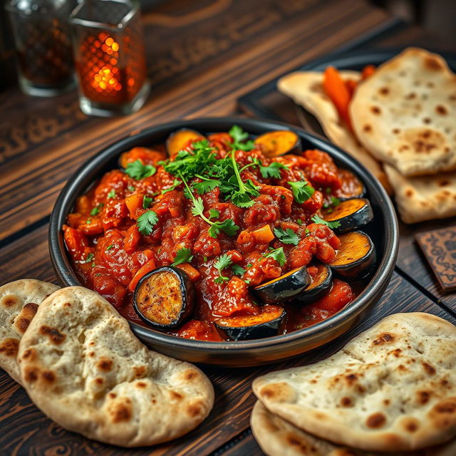 A traditional Iraqi eggplant tabsi, beautifully presented on a rustic wooden table