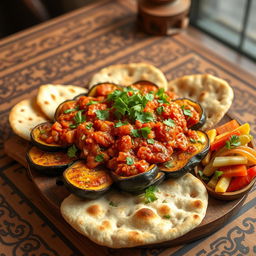 A traditional Iraqi eggplant tabsi, beautifully presented on a rustic wooden table