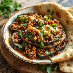 A delicious serving of Iraqi eggplant dish (Tabsi) featuring rich layers of roasted eggplant, spiced minced meat, aromatic herbs, and a drizzle of tangy sauce