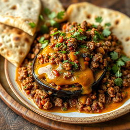 A delicious serving of Iraqi eggplant dish (Tabsi) featuring rich layers of roasted eggplant, spiced minced meat, aromatic herbs, and a drizzle of tangy sauce