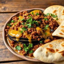 A delicious serving of Iraqi eggplant dish (Tabsi) featuring rich layers of roasted eggplant, spiced minced meat, aromatic herbs, and a drizzle of tangy sauce