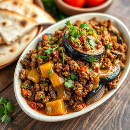 A delicious serving of Iraqi eggplant dish (Tabsi) featuring rich layers of roasted eggplant, spiced minced meat, aromatic herbs, and a drizzle of tangy sauce