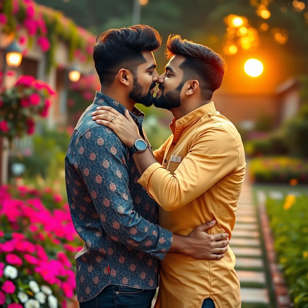 A vibrant and intimate scene depicting a loving embrace between two Indian men sharing a tender kiss