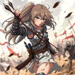 An anime-style character, a brave warrior girl, battling alone against a horde of enemies