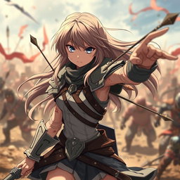 An anime-style character, a brave warrior girl, battling alone against a horde of enemies