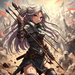 An anime-style character, a brave warrior girl, battling alone against a horde of enemies