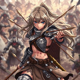 An anime-style character, a brave warrior girl, battling alone against a horde of enemies