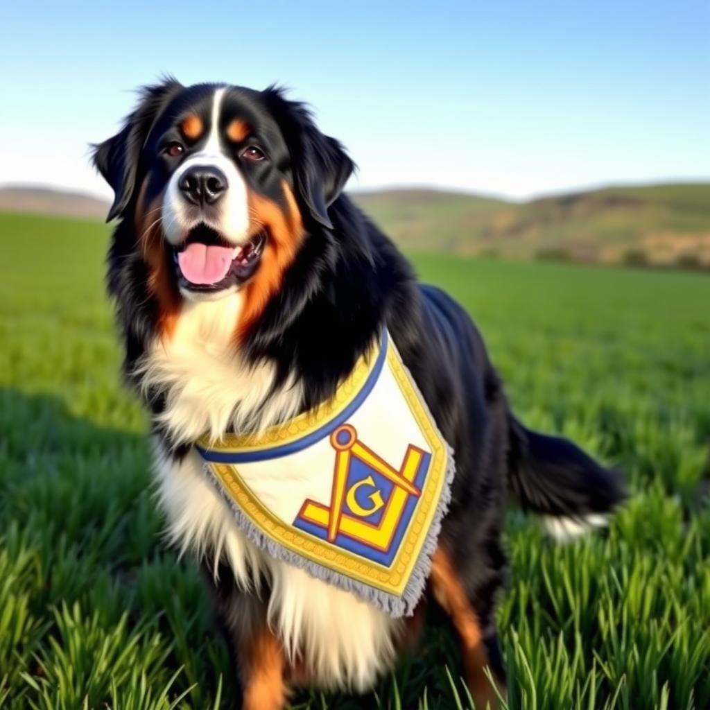 A Bernese Mountain Dog wearing a Masonic apron, standing proudly in a lush green field