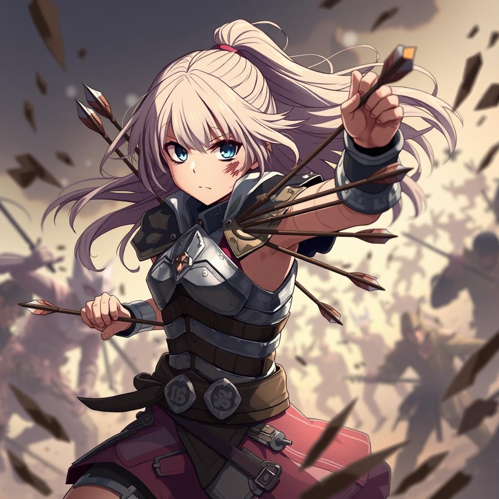 An anime-style character, a courageous and injured warrior girl, fighting alone against a group of enemies