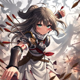 An anime-style character, a courageous and injured warrior girl, fighting alone against a group of enemies