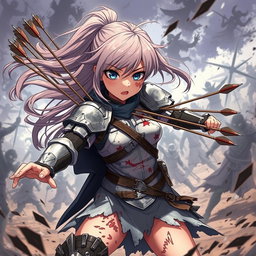 An anime-style character, a courageous and injured warrior girl, fighting alone against a group of enemies