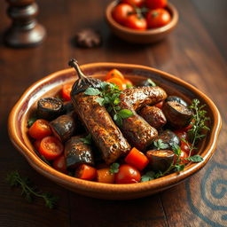 A beautifully styled Iraqi dish of "Tabsi" featuring richly colored roasted eggplant, seasoned with traditional spices