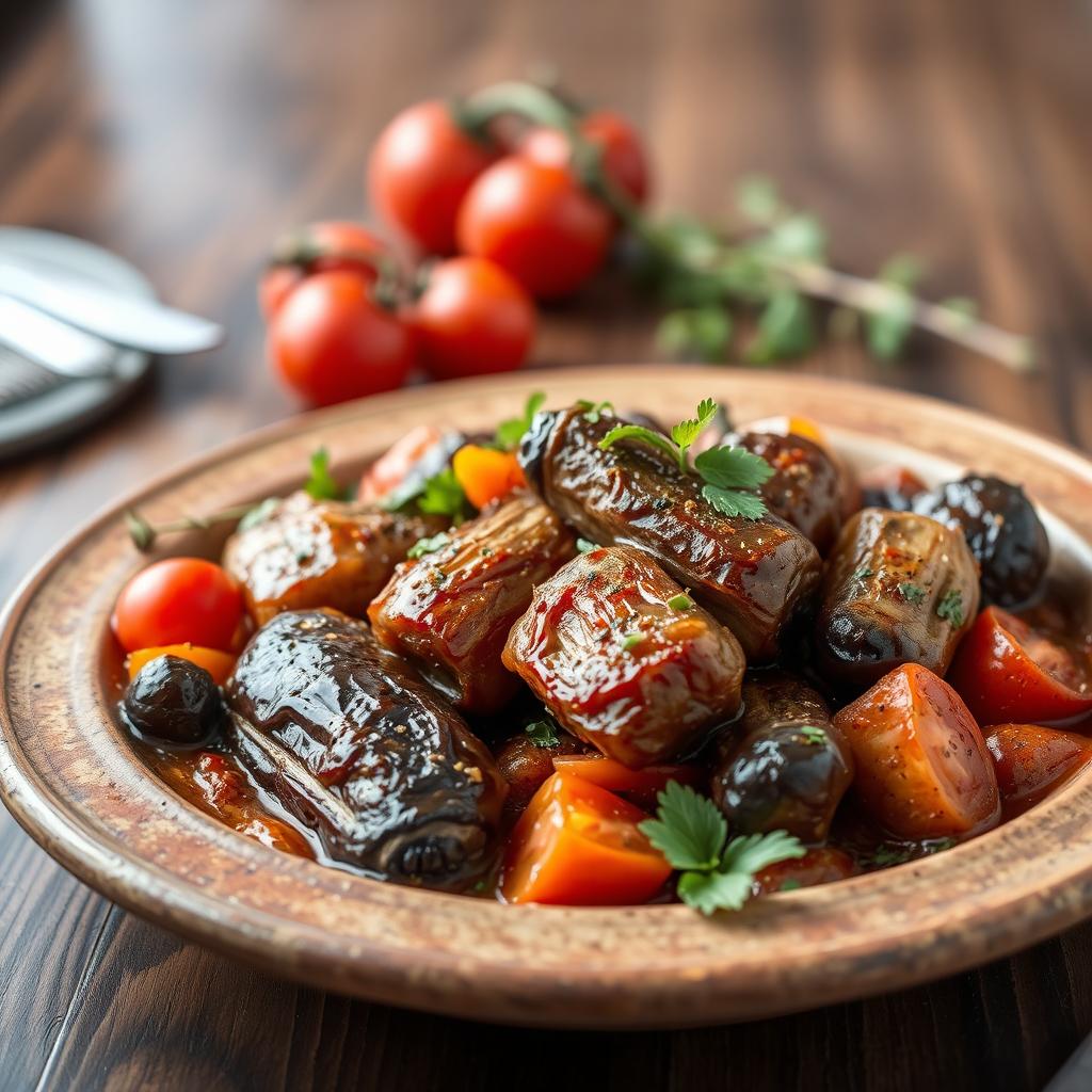A beautifully styled Iraqi dish of "Tabsi" featuring richly colored roasted eggplant, seasoned with traditional spices