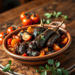 A beautifully styled Iraqi dish of "Tabsi" featuring richly colored roasted eggplant, seasoned with traditional spices