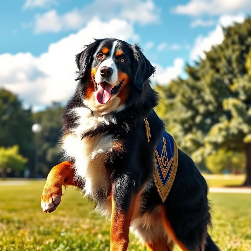 A majestic Bernese Mountain Dog standing on its hind legs, wearing a masonic apron