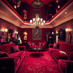 A luxurious and vibrant 'slut room' designed for adult entertainment, featuring plush velvet furniture in bold red and deep purple hues
