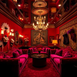 A luxurious and vibrant 'slut room' designed for adult entertainment, featuring plush velvet furniture in bold red and deep purple hues