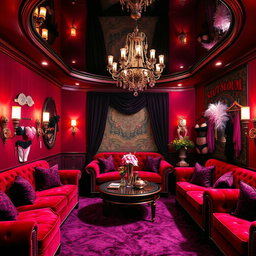 A luxurious and vibrant 'slut room' designed for adult entertainment, featuring plush velvet furniture in bold red and deep purple hues