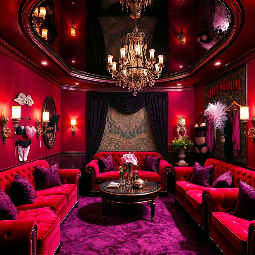 A luxurious and vibrant 'slut room' designed for adult entertainment, featuring plush velvet furniture in bold red and deep purple hues