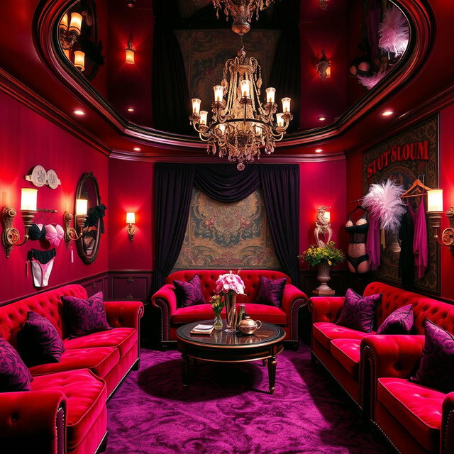 A luxurious and vibrant 'slut room' designed for adult entertainment, featuring plush velvet furniture in bold red and deep purple hues