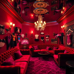 A luxurious and vibrant 'slut room' designed for adult entertainment, featuring plush velvet furniture in bold red and deep purple hues